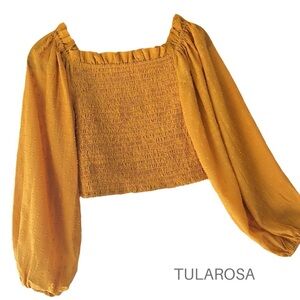 TULAROSA | NWOT SMOCKED CROP TOP BALLOON SLEEVES RUFFLE NECK SAFFRON | SMALL